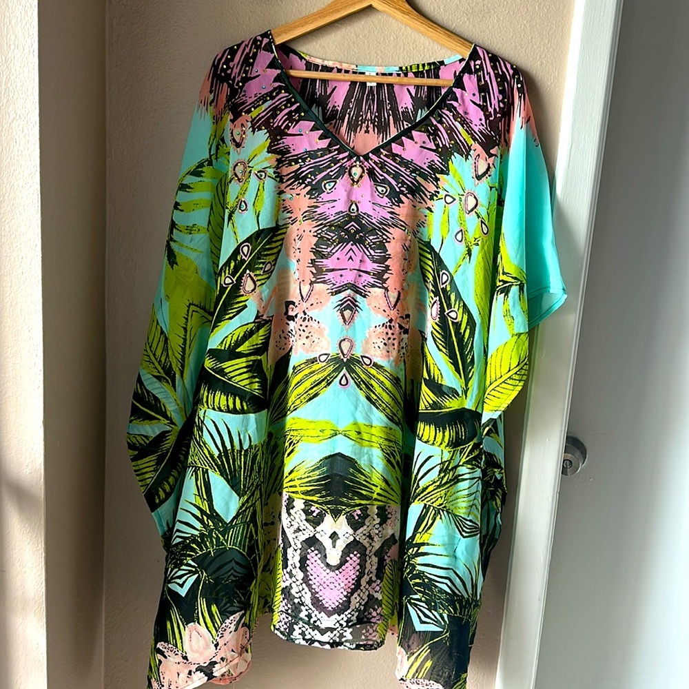 Tropical Patterned V Neck Sheer Caftan Coverup - image 2